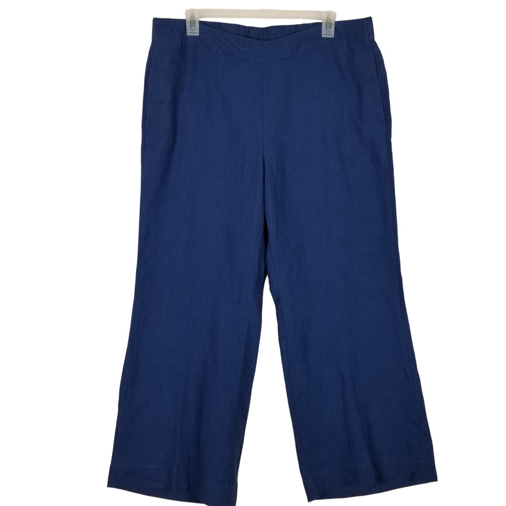 Chico's Linen Wide Leg Pants Women 18R Blue Elastic Back Relaxed Casual Trousers